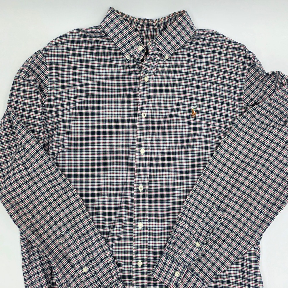 Ralph Lauren Mens XL Plaid‎ Button Down Shirt Navy Green Pink Long Sleeve Pony